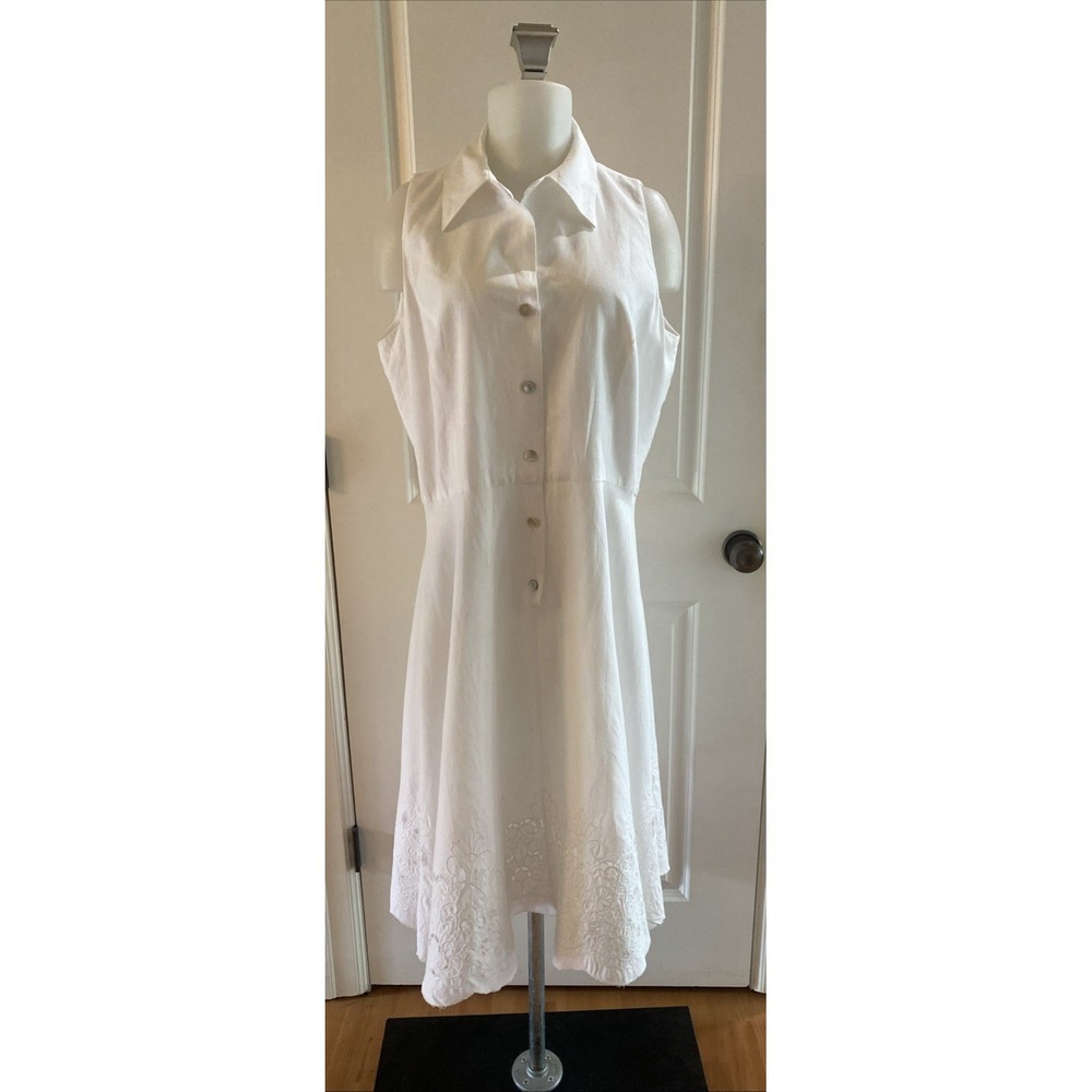 Coldwater Creek White Linen Cotton Midi Shirt Dress Collared Sleeveless Size 14
